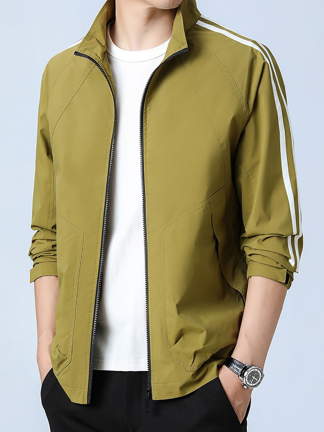 

StyleCast x Revolte Men Mock Collar Striped Casual Windcheater Jacket, Green