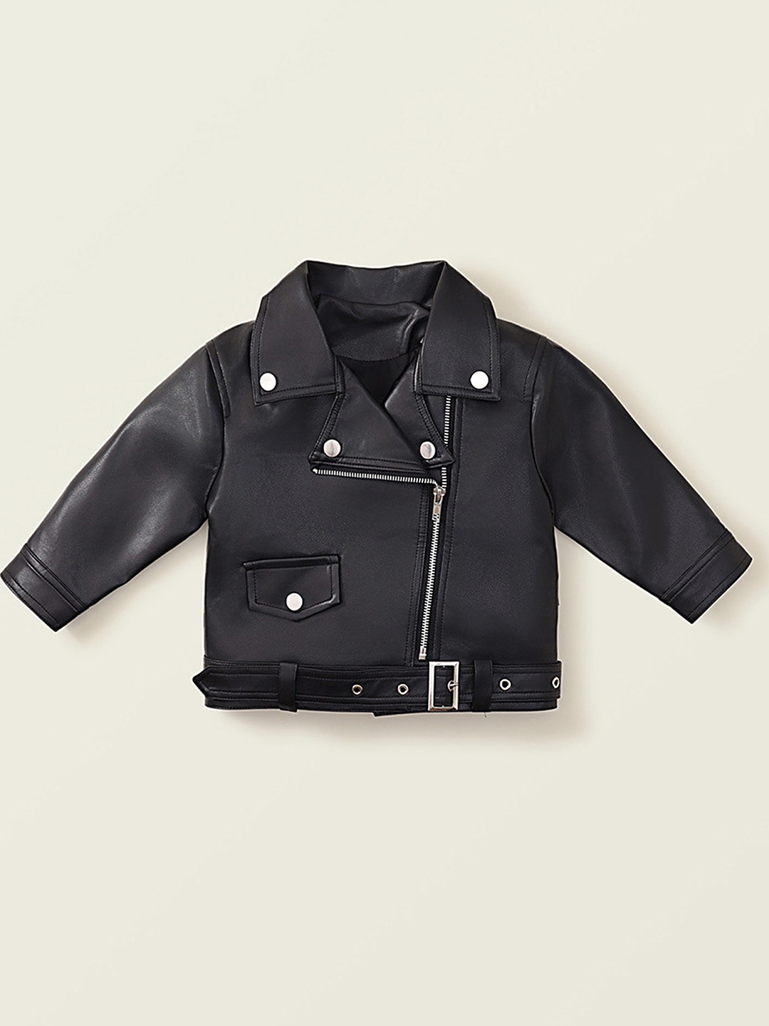 

LULU & SKY Girls Lapel Collar Solid PU Casual Biker Jacket, Black