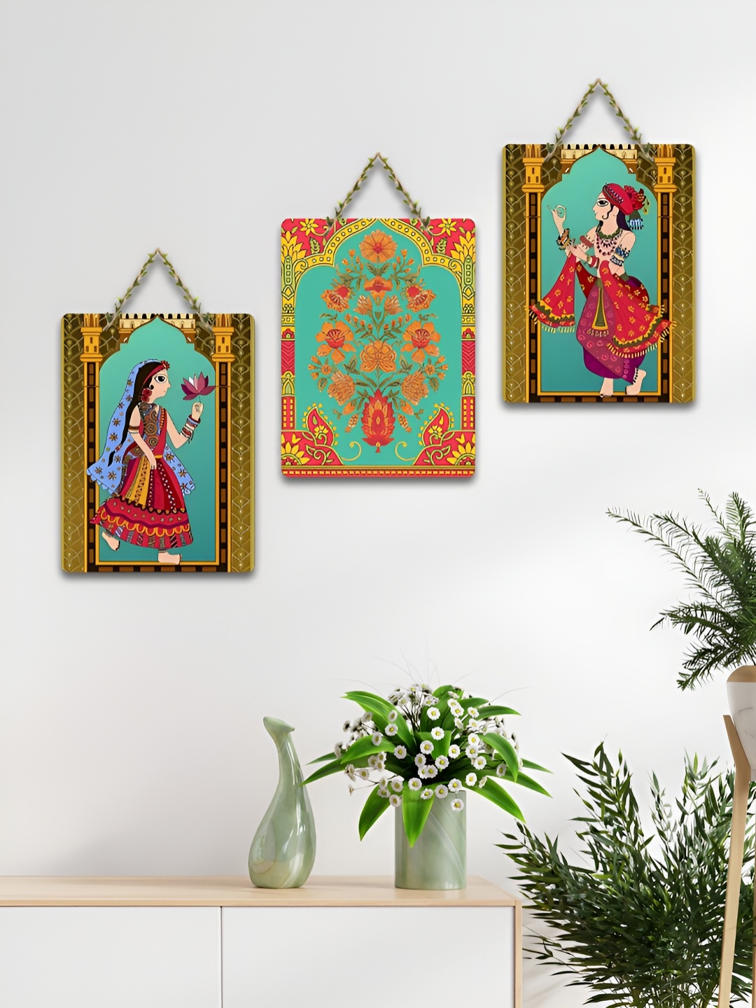 

ArtVibes Green & Red 3 Pieces Rajasthani Art Wooden Wall Hangings