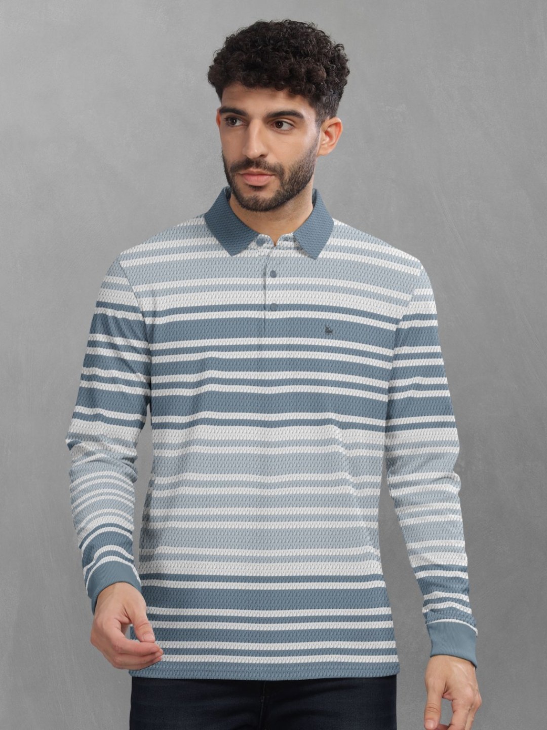 

BULLMER Men Striped Polo Collar Cotton T-shirt, Beige