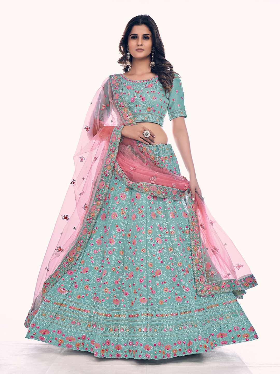 

ODETTE Floral Embroidered Sequinned Net Semi-Stitched Lehenga & Blouse With Dupatta, Blue