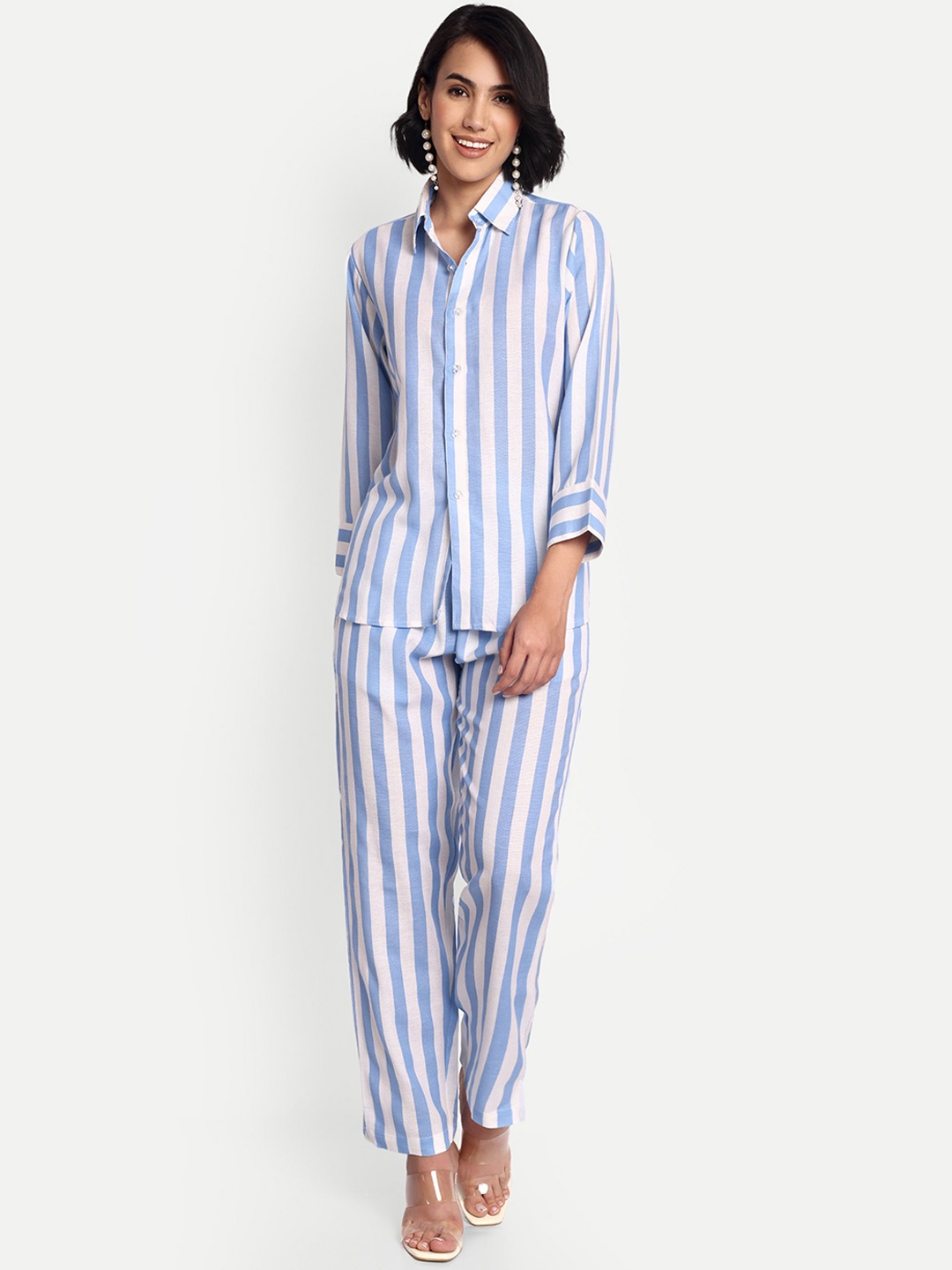 

GAB Striped Women Pure Cotton Shirt With Trousers Co-Ords, White