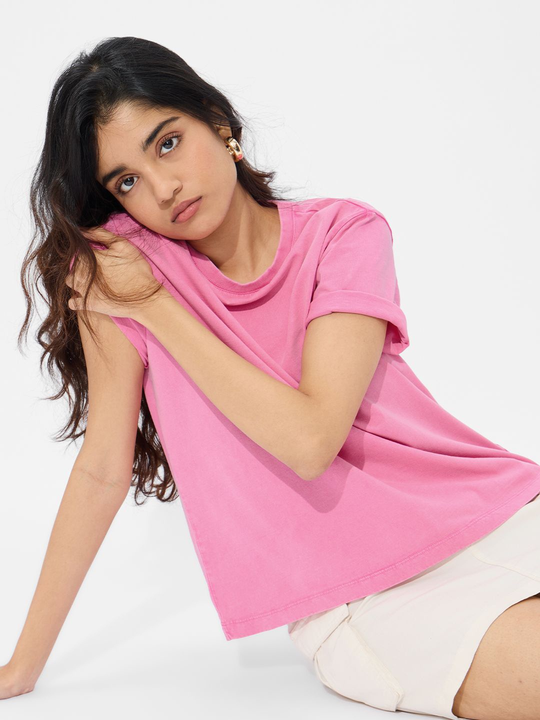 

The Souled Store Women Solid Round Neck Cotton Relaxed Fit T-shirt, Pink