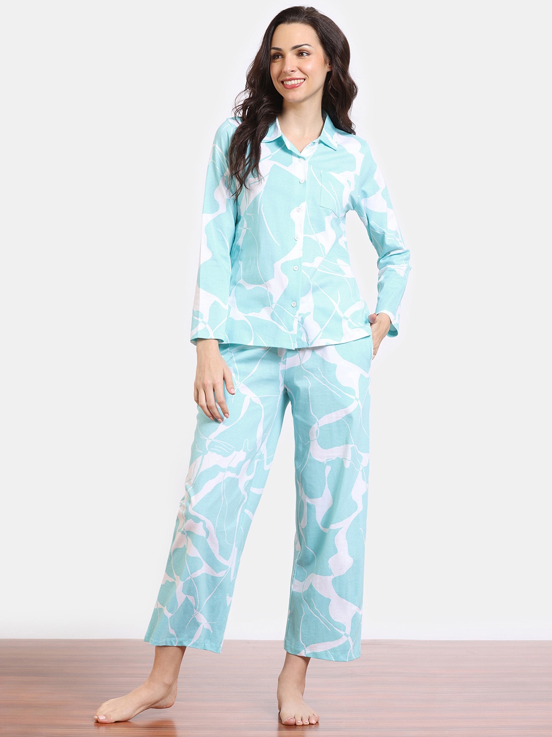 

Zivame Women Printed Pure Cotton Night suit, Teal