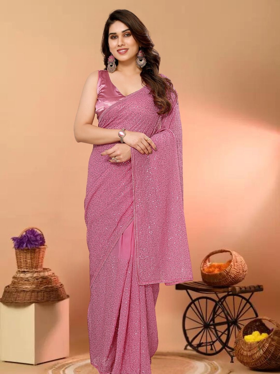 

KAZIA Embellished Sequined Ready To Wear Saree, Pink