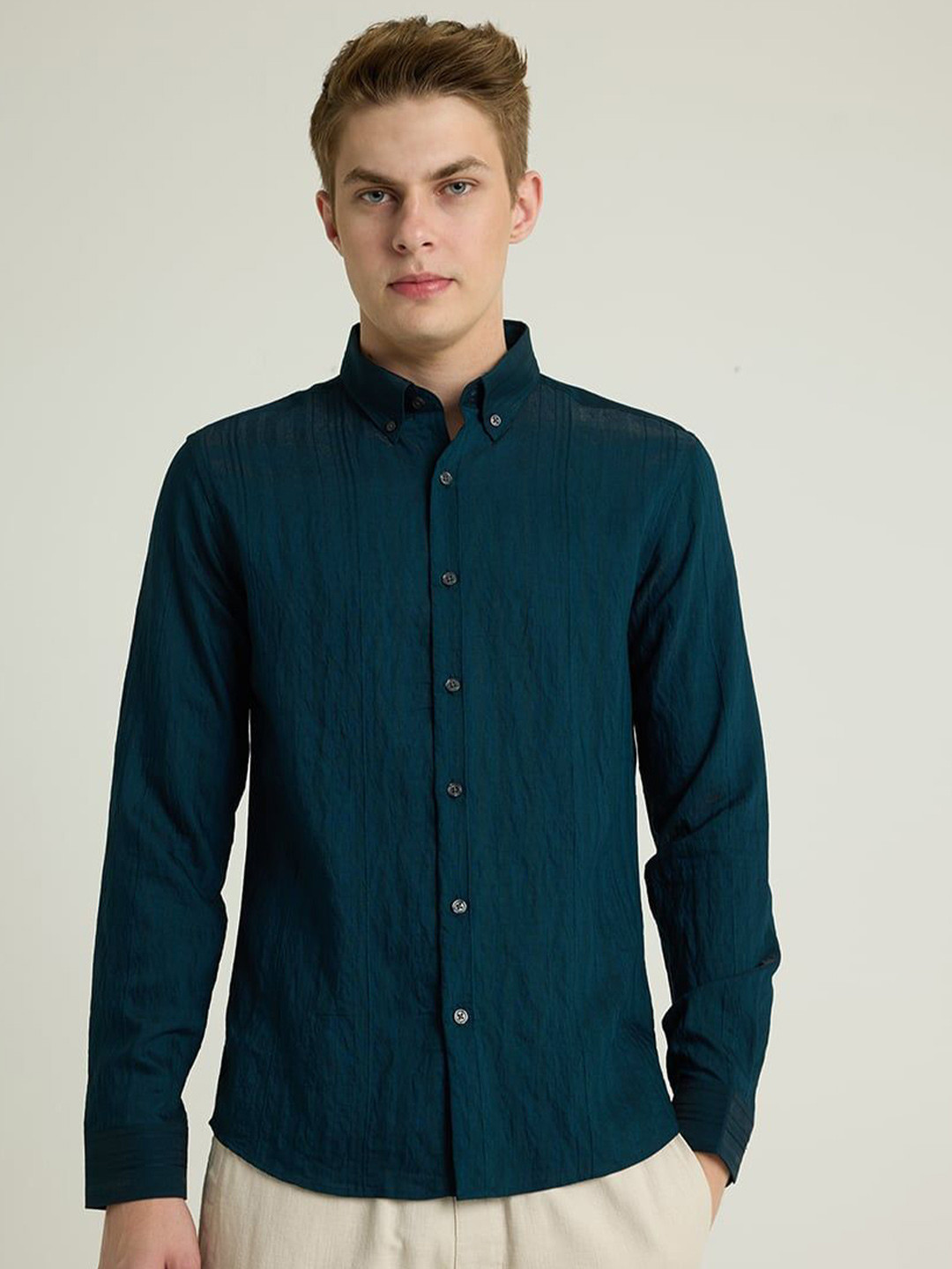 

Snitch Men Smart Button-Down Collar Solid Cotton Casual Shirt, Teal