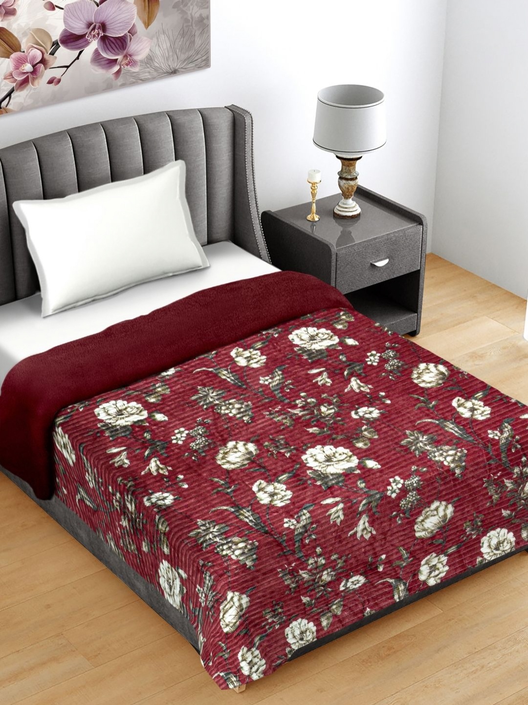 

FABINALIV Maroon & White Floral Woollen 400 GSM Mild Winter Single Bed Comforter