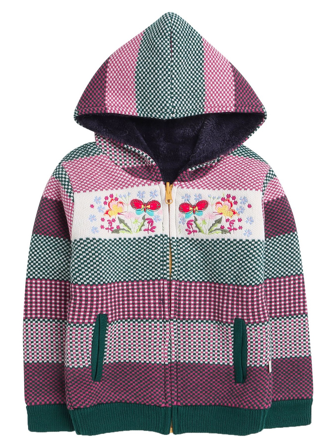 

Yellow Apple Girls Embroidered Self Design Hood Wool Cardigan Ribbed Sweater, Pink