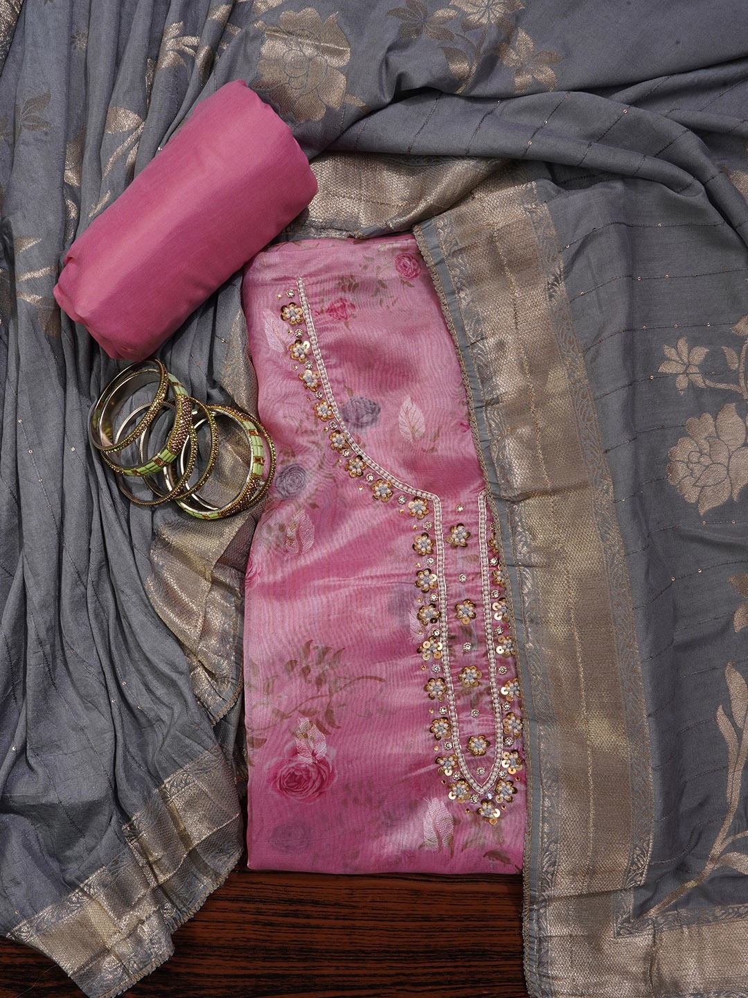 

Jaipur Kurti Zari Embellished Organza Dress Material with Dupatta, Pink