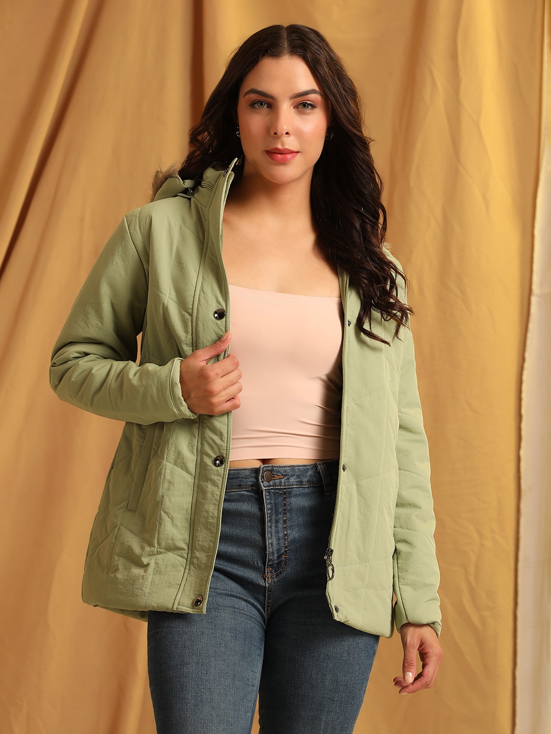 

Cayman Women Hooded Solid Casual Parka Jacket, Sea green