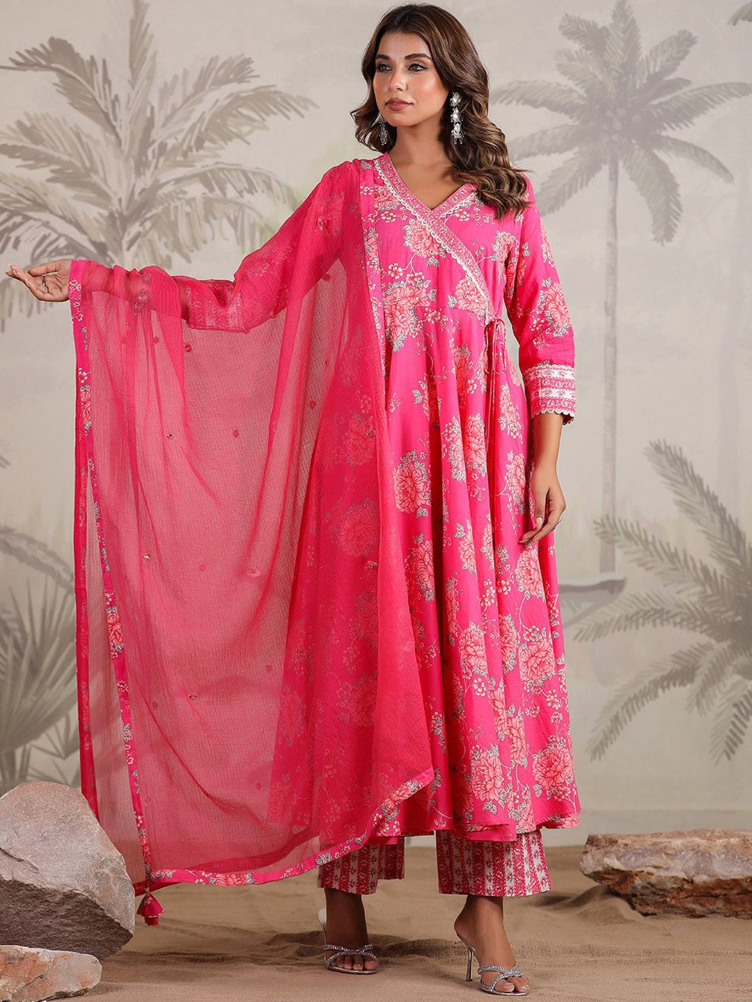 

Meena Bazaar Floral Printed Angrakha Thread Work Kurta with Trousers & Dupatta, Pink