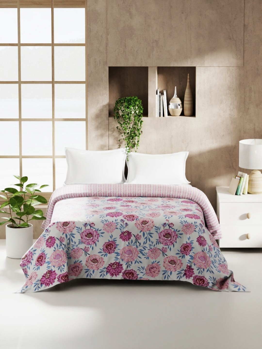 

KOPA Monarca Off White & Pink Floral Printed AC Room 120 GSM Double Bed Comforter