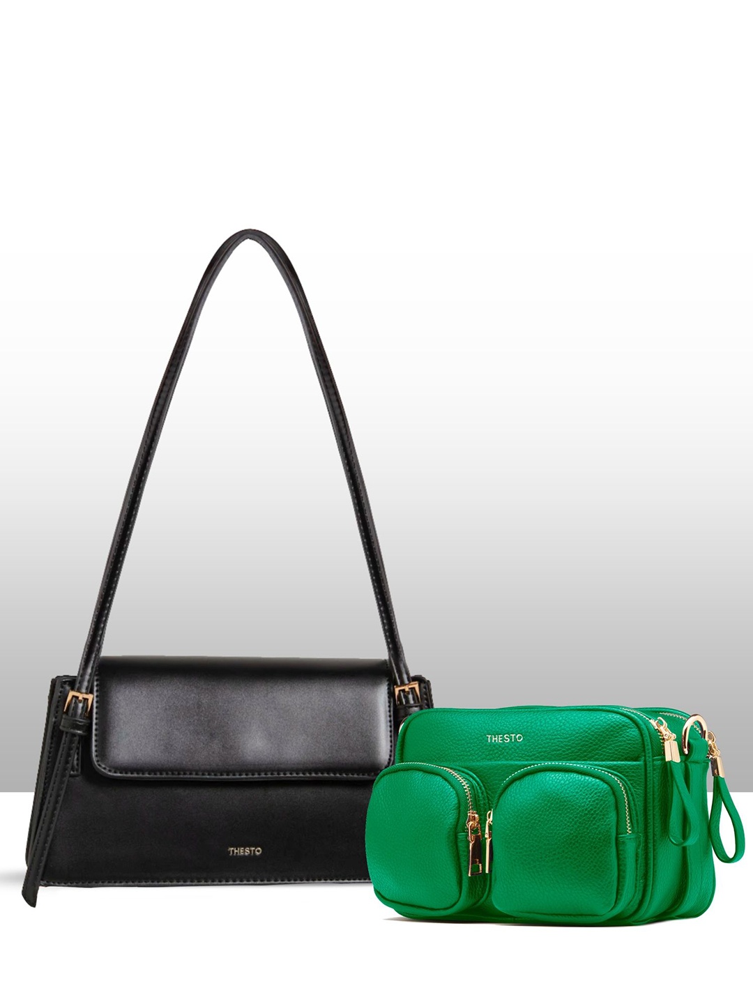 

THESTO Pack of 2 Women Structured Sling Bag, Black