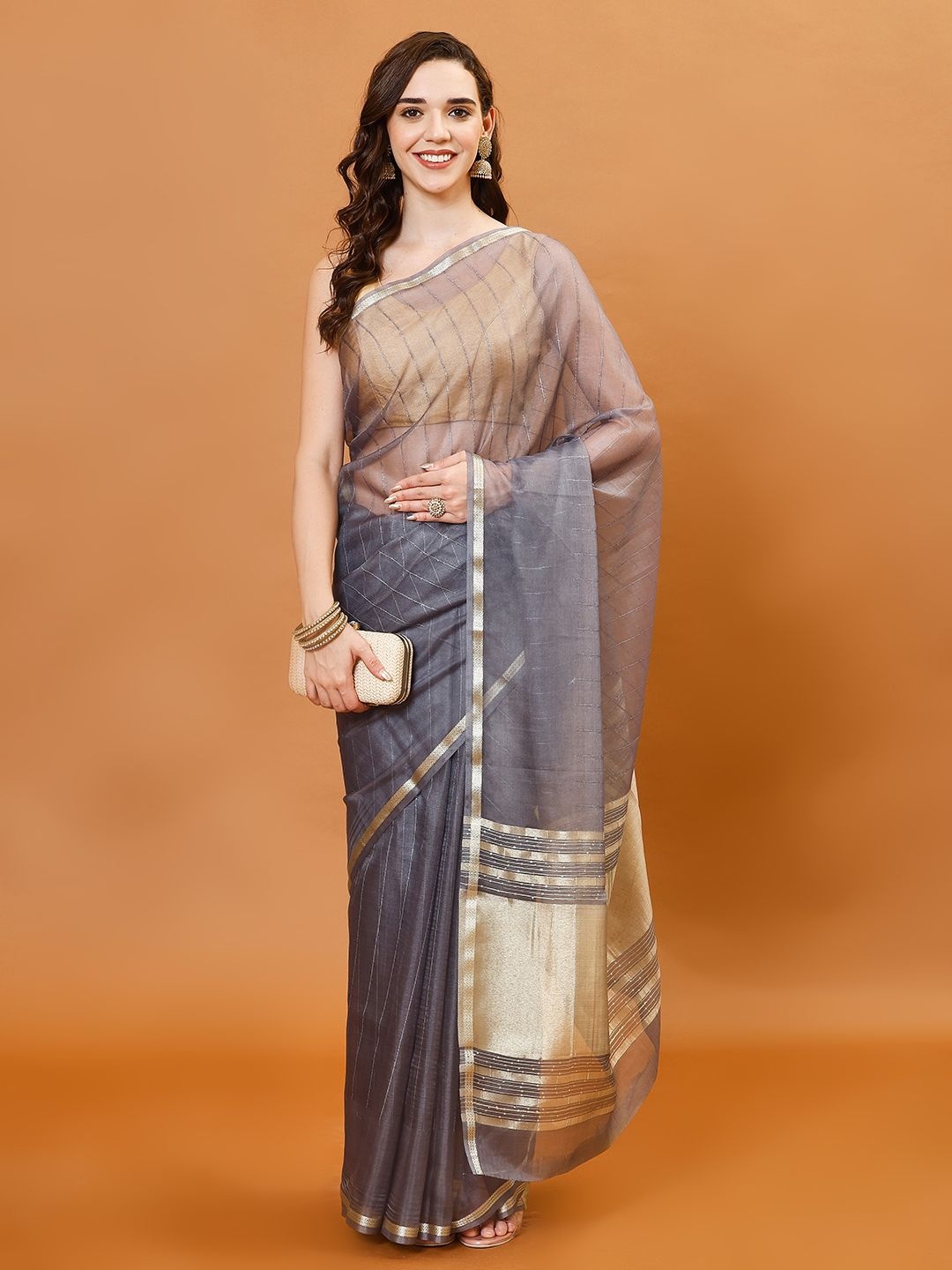 

Meena Bazaar Sequin Stripes Woven Design Organza Saree, Grey