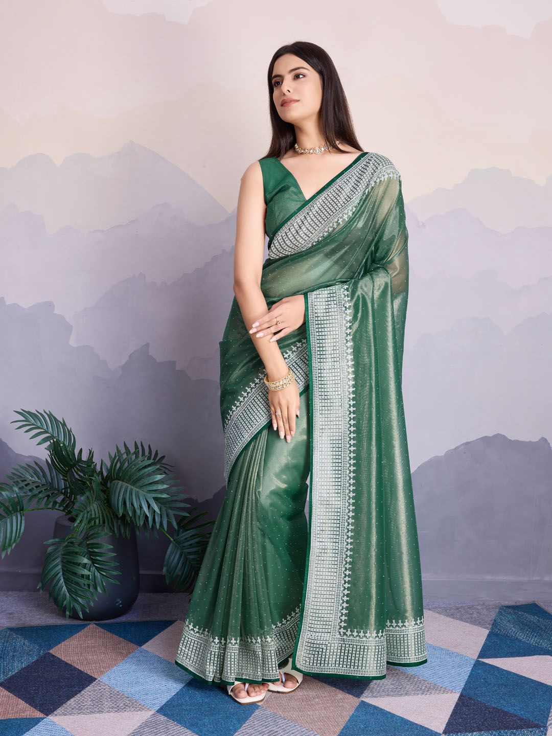 

Meena Bazaar Embellished Embroidered Tissue Saree with unstitched blouse piece, Green