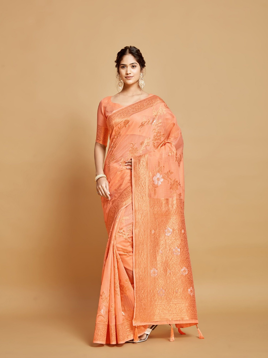 

MAHALASA Floral Woven Design Zari Saree, Peach