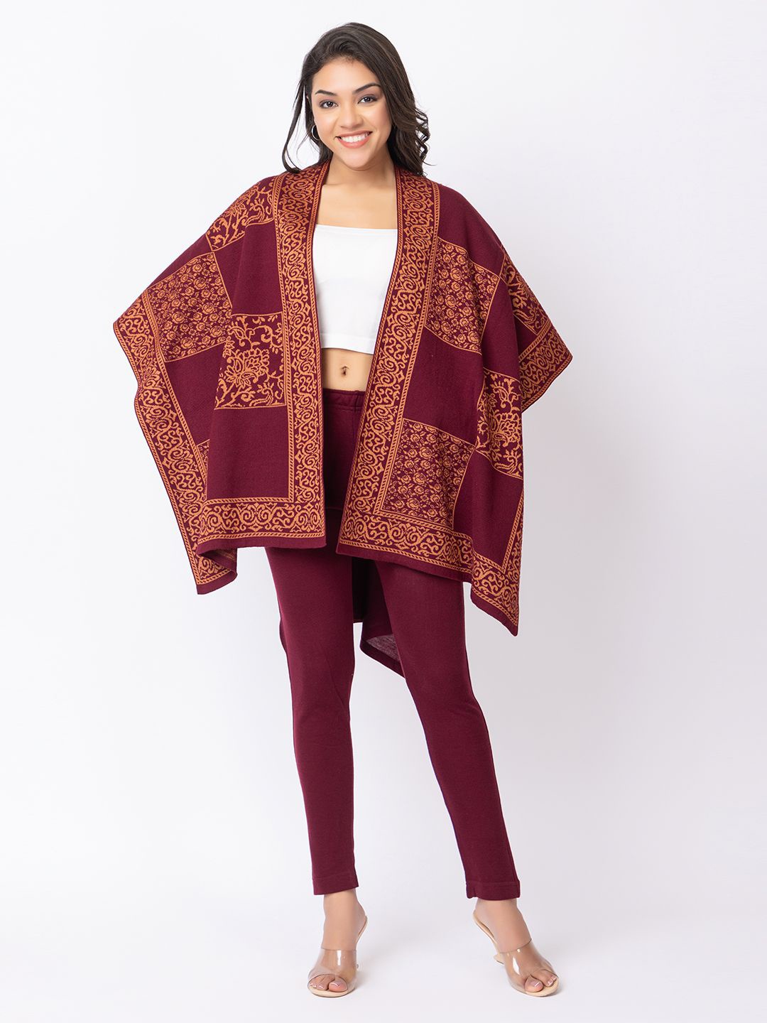 

KEIKO Self Design Front Open Shrug, Maroon