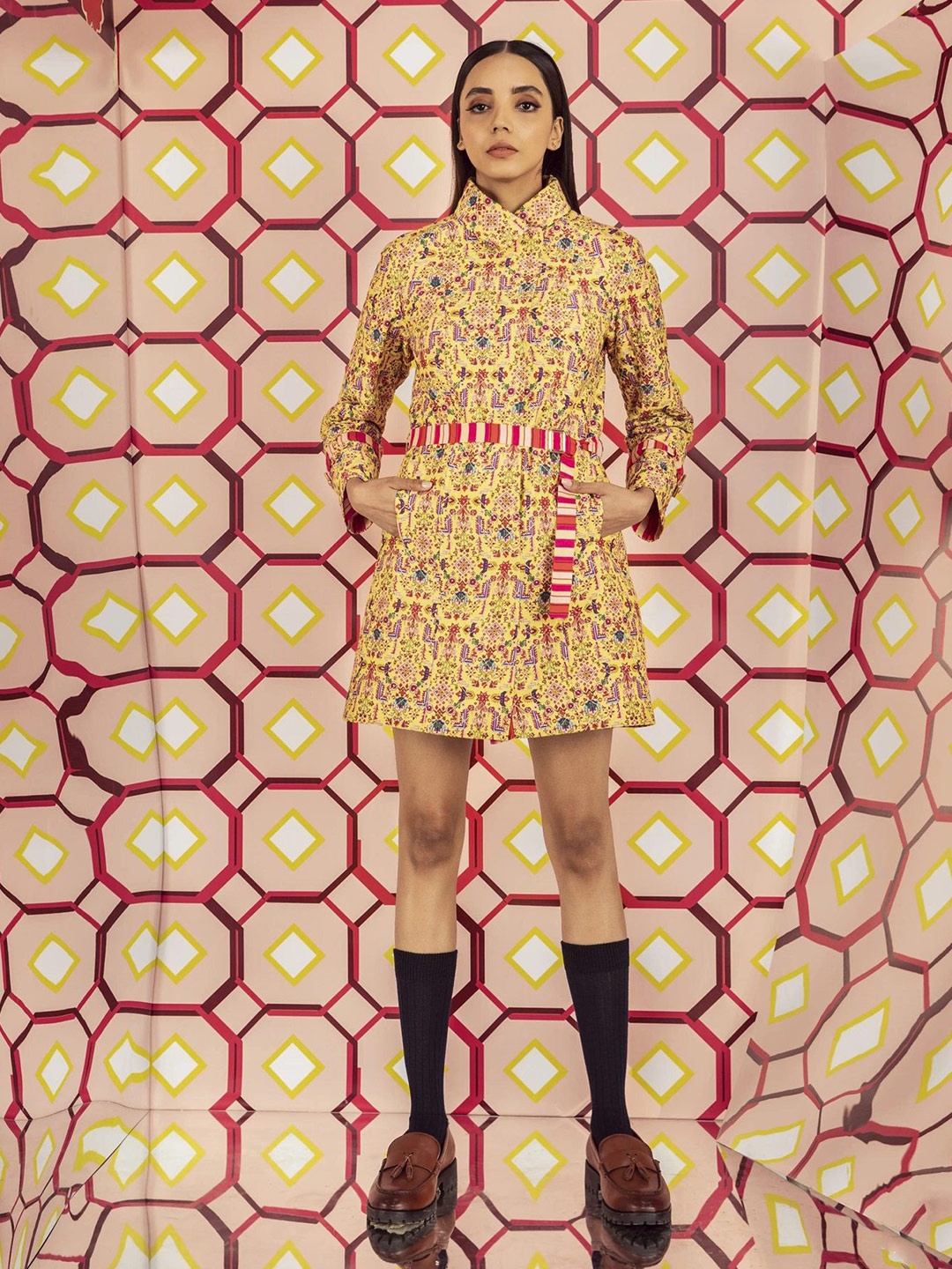 

BETRUE Ethnic Motifs Printed Shirt Dress, Yellow