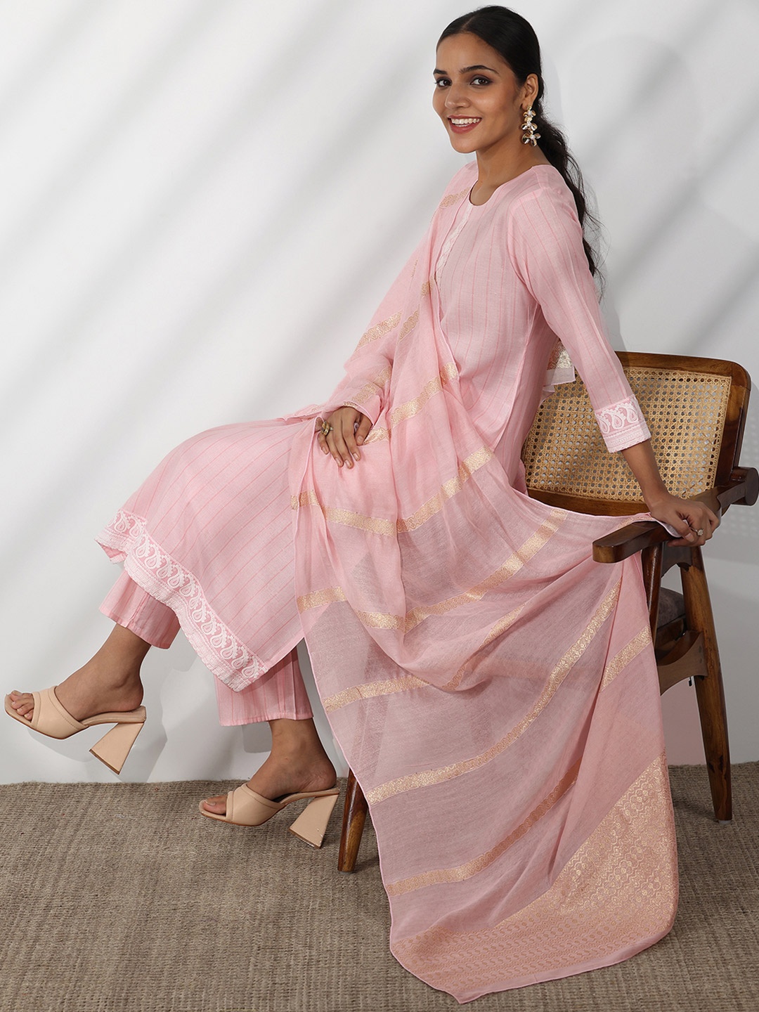 

Libas Striped Embroidered Round Neck Sequinned Straight Kurta With Trousers & Dupatta, Pink