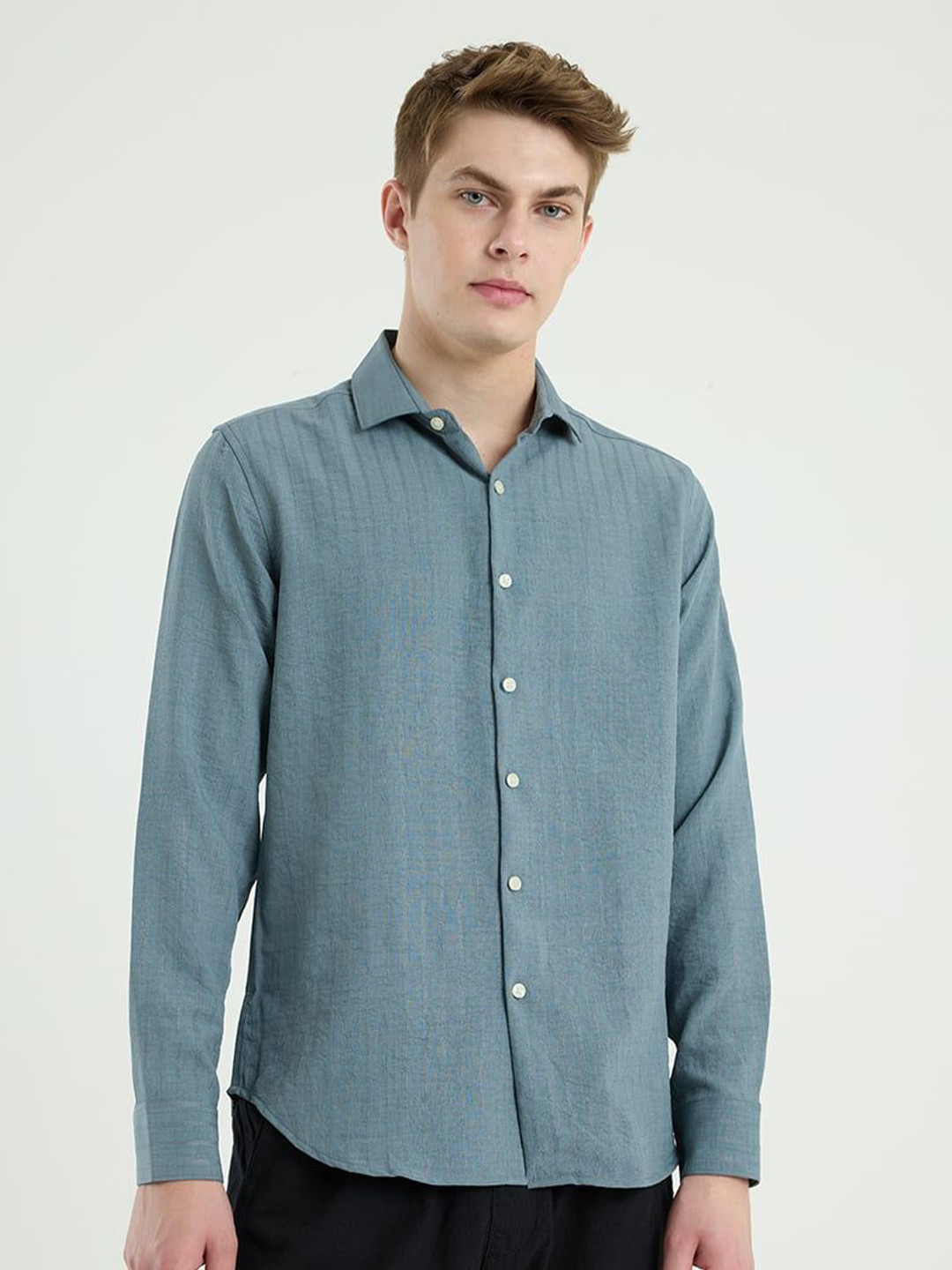 

Snitch Men Smart Spread Collar Textured Casual Shirt, Blue