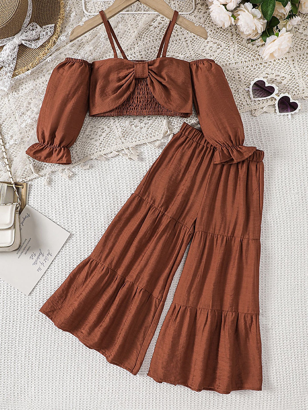 

LULU & SKY Girls Top with Palazzos, Brown