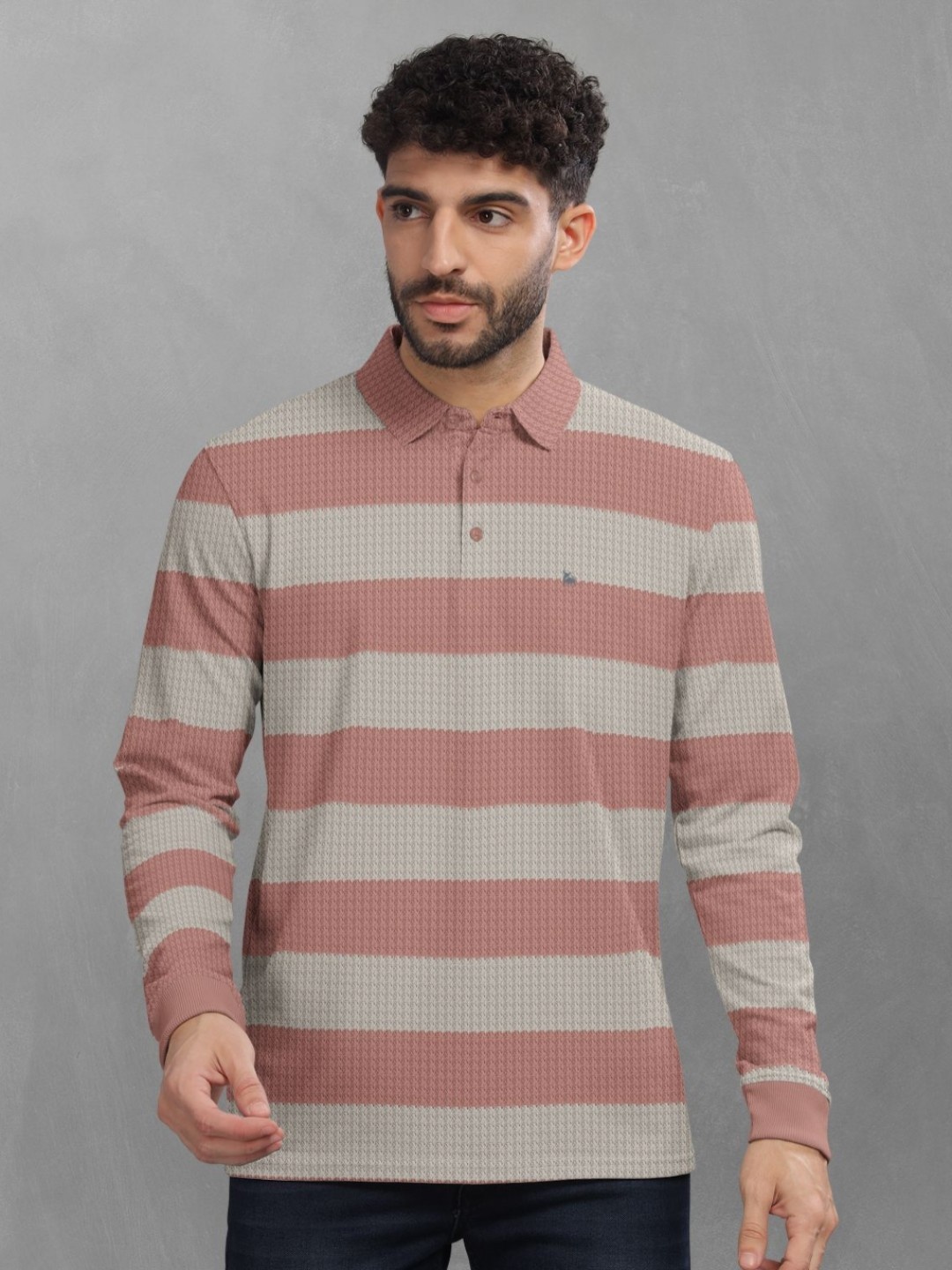 

BULLMER Men Striped Polo Collar Cotton T-shirt, Pink