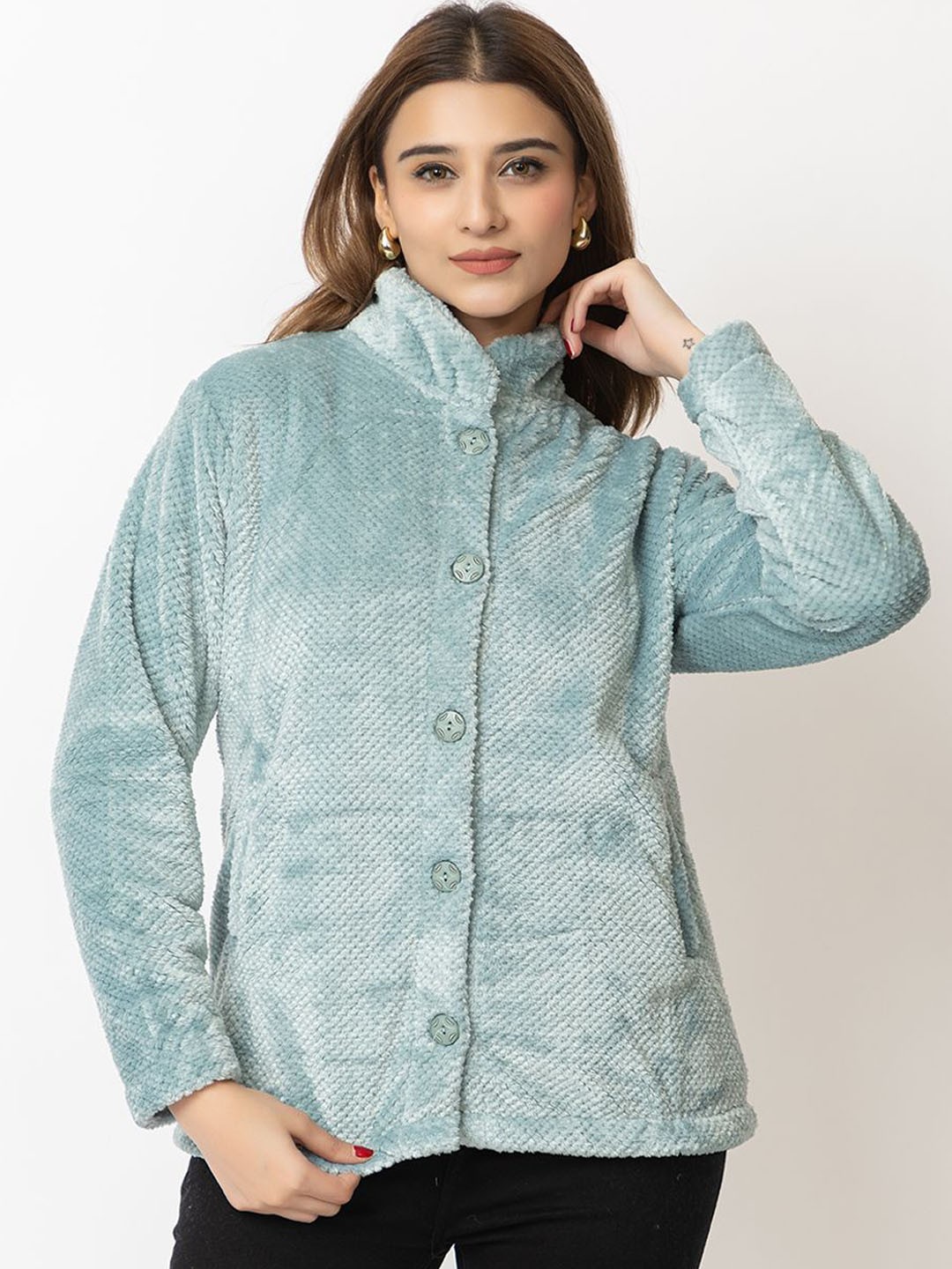 

LO G LO Women Stand Collar Self Design Casual Tailored Jacket, Blue