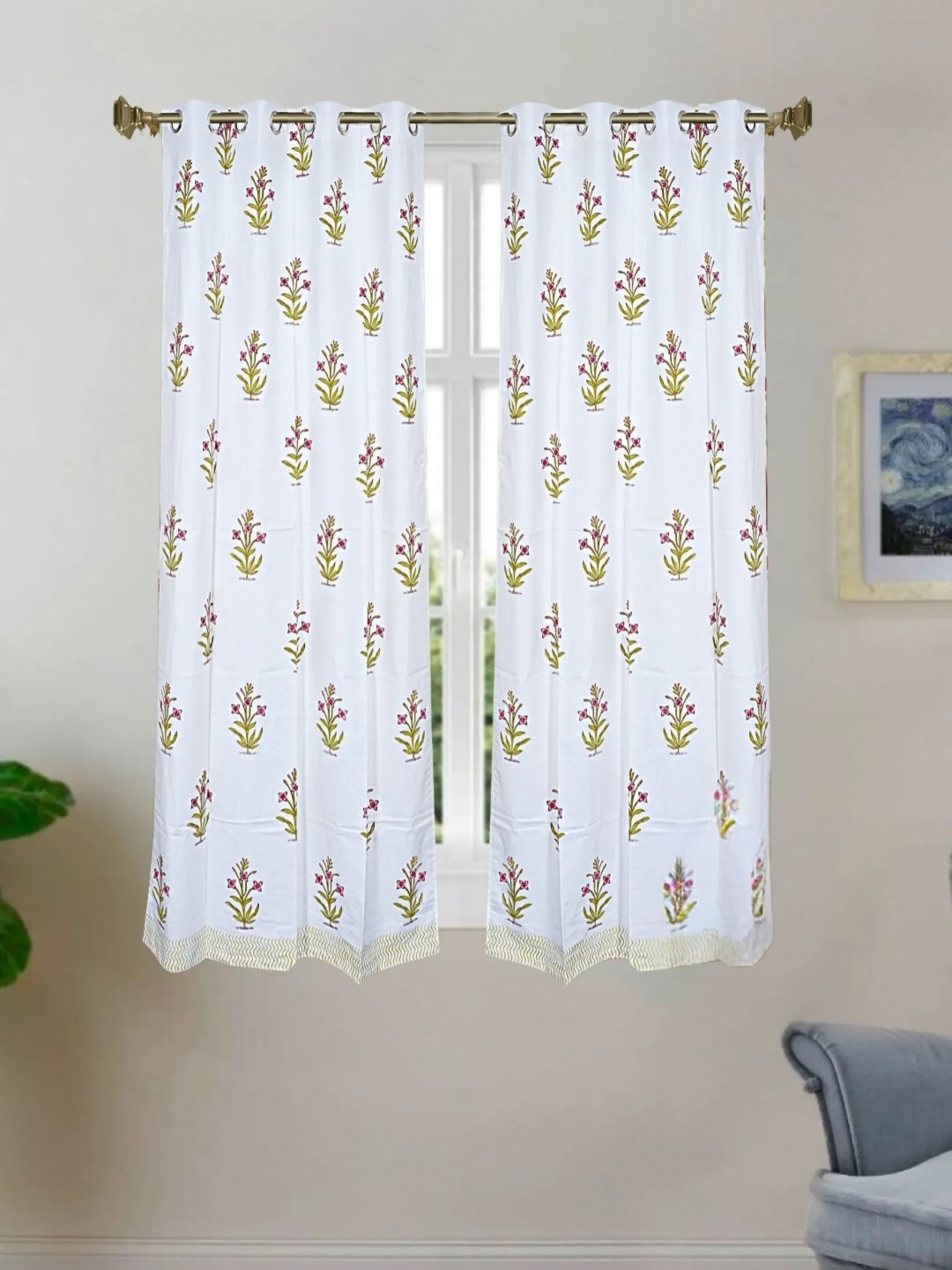 

LIVING ROOTS White 2 Pieces Floral Block Printed Elegant Cotton Window Curtains