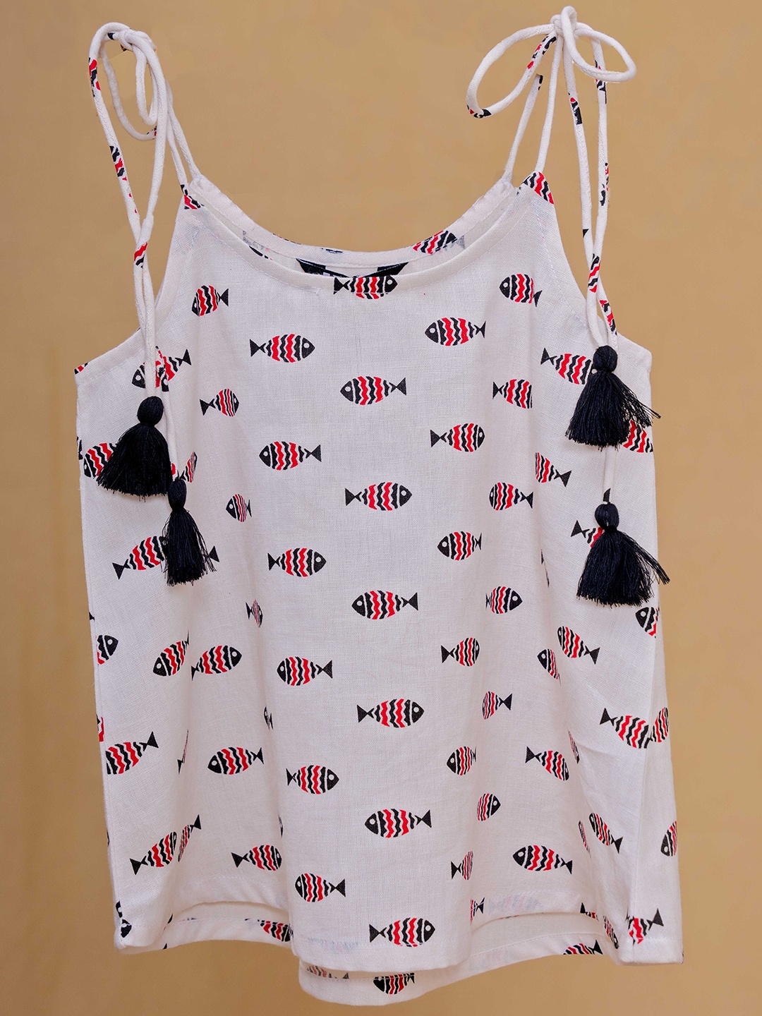 

KASYA Girls Animal Printed Shoulder Straps Cotton Top, Off white