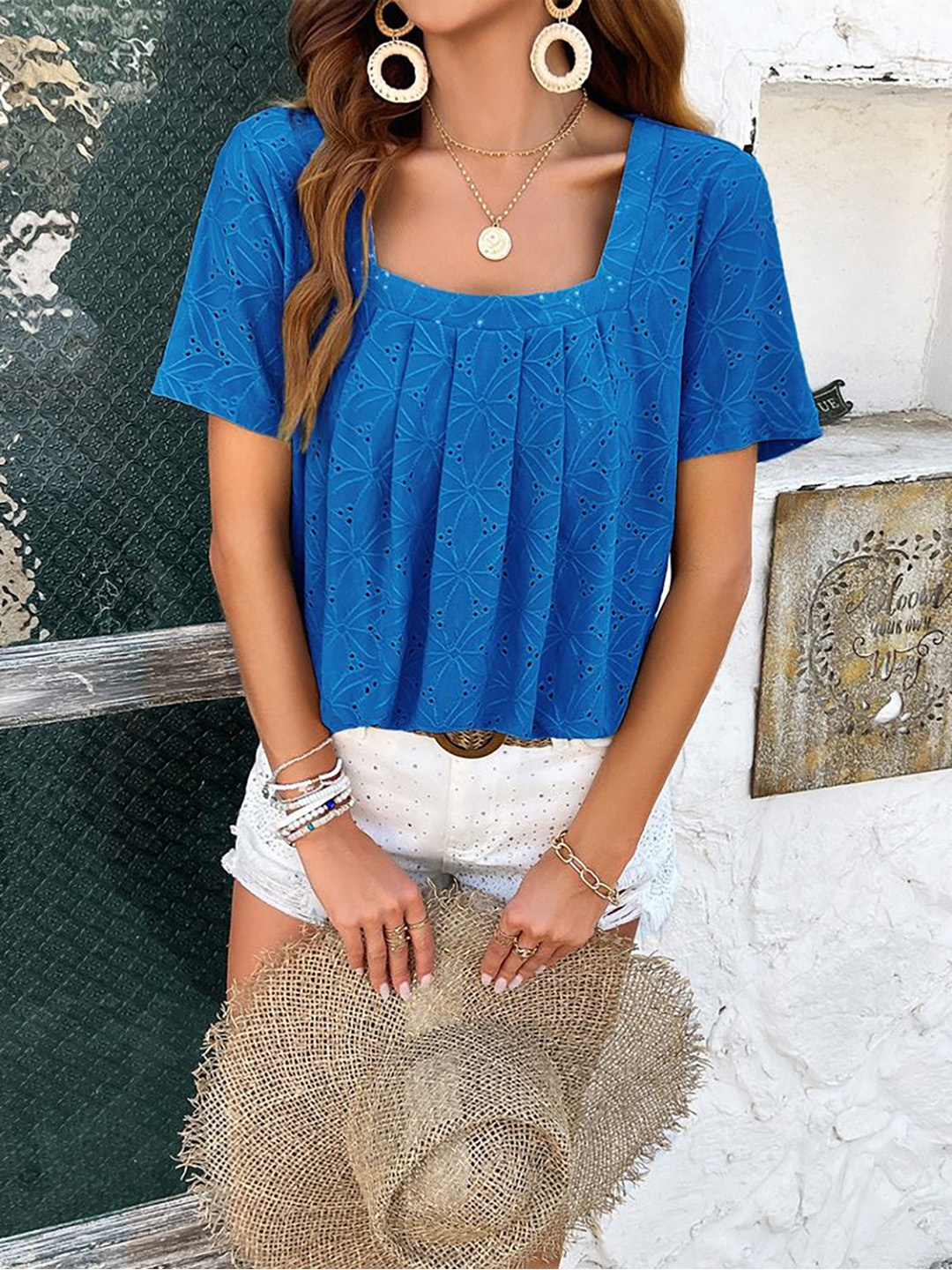 

StyleCast Women Self Design Square Neck Top, Blue