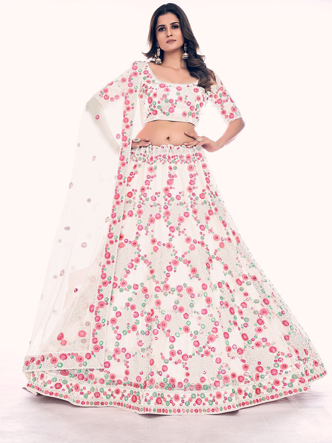 

ODETTE Floral Embroidered Stones Studded Net Semi-Stitched Lehenga & Blouse With Dupatta, White