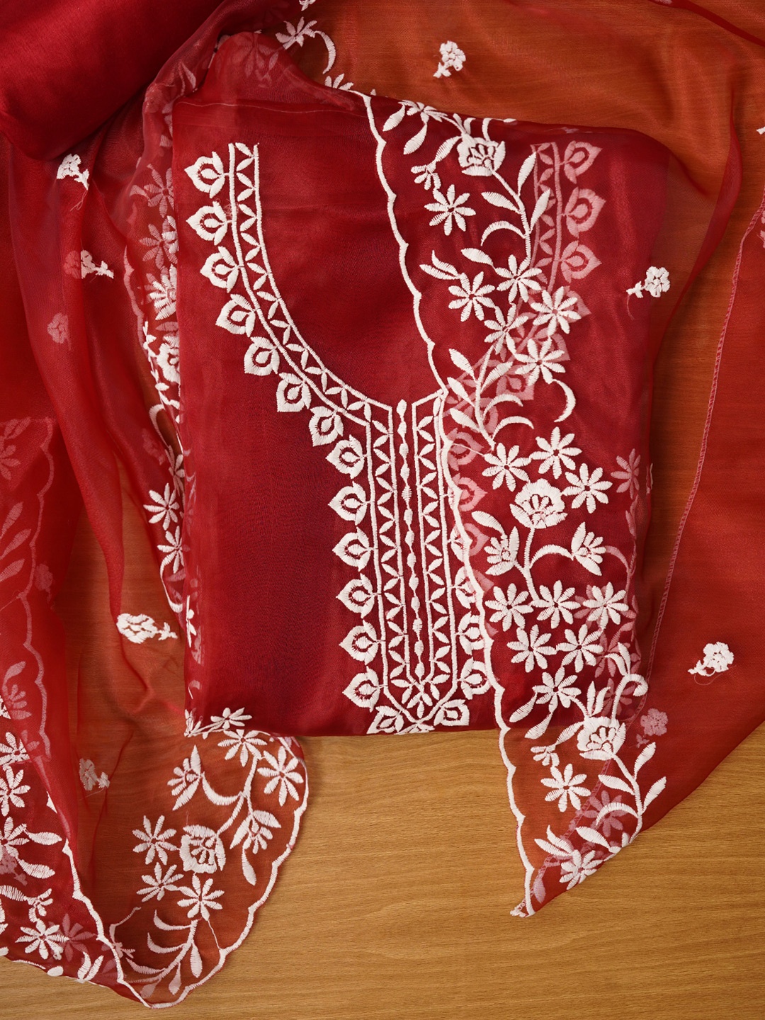 

Jaipur Kurti Floral Embroidered Organza Dress with Dupatta, Rust