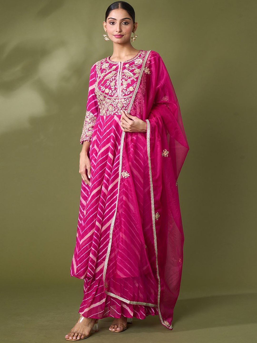 

Samyukta Singhani Printed Silk Georgette Anarkali Kurta With Sharara & Dupatta, Pink