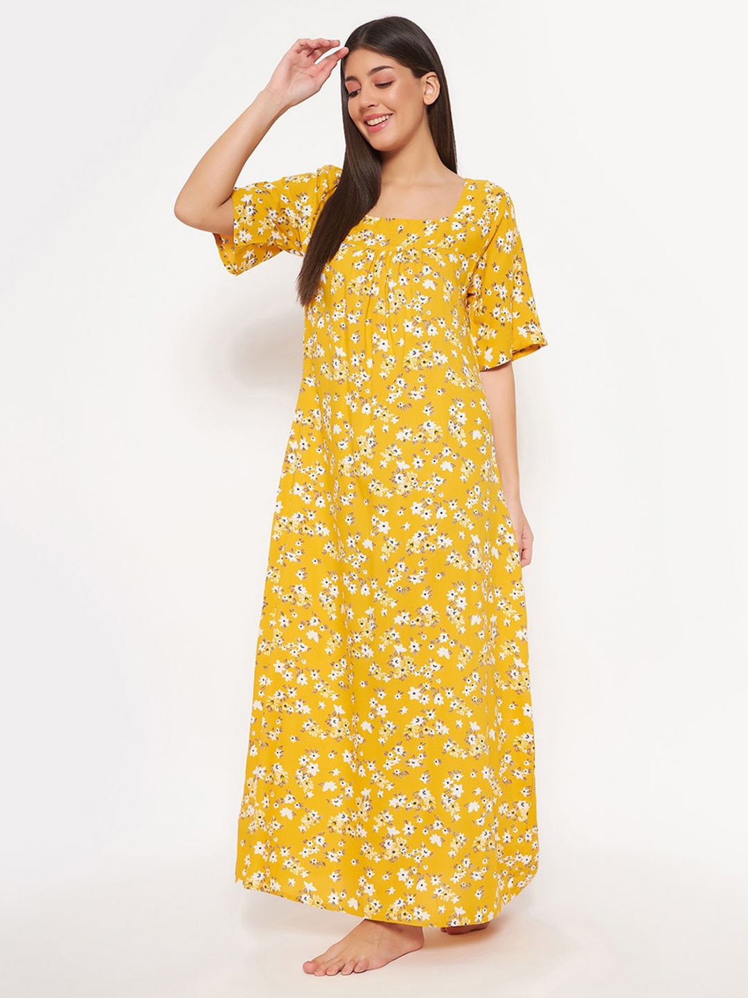 

Clovia Women Printed Maxi Nightdress, Yellow