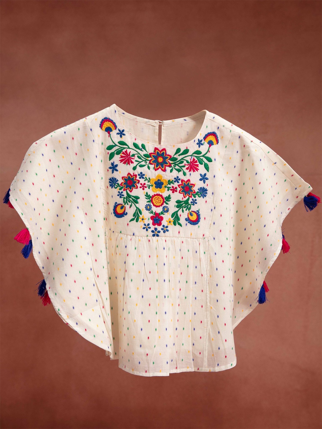 

KASYA Girls Floral Embroidered Cotton Kaftan Top, Off white