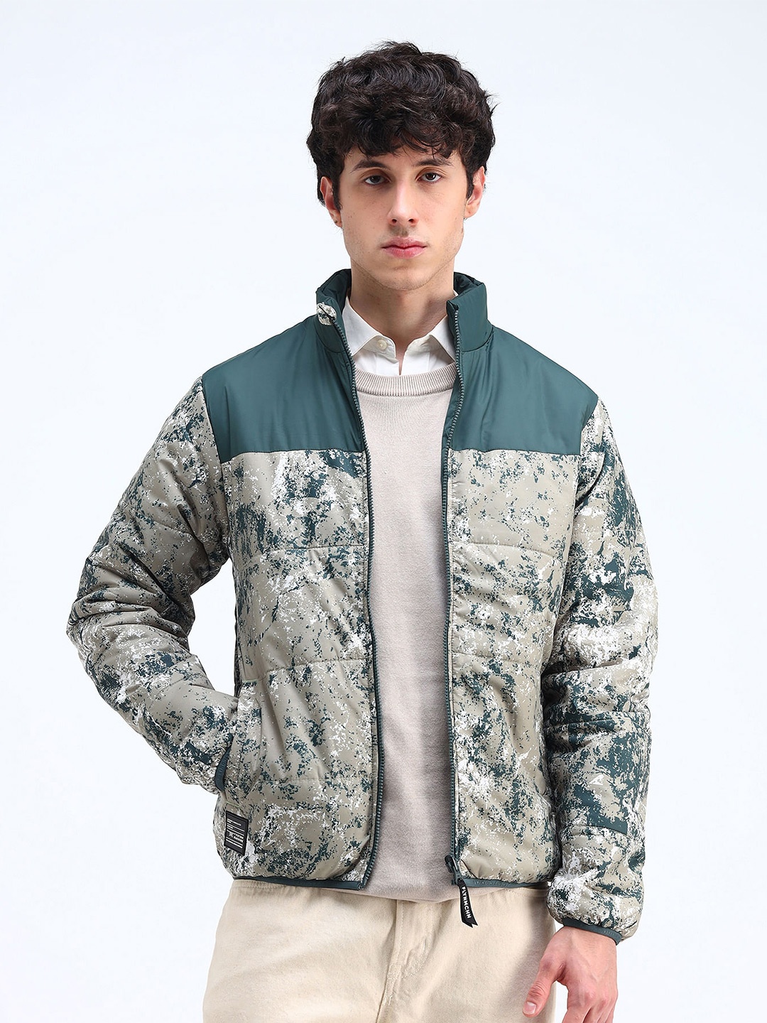 

Flying Machine Men Mock Collar Camouflage Printed Casual Quilted Jacket, Green