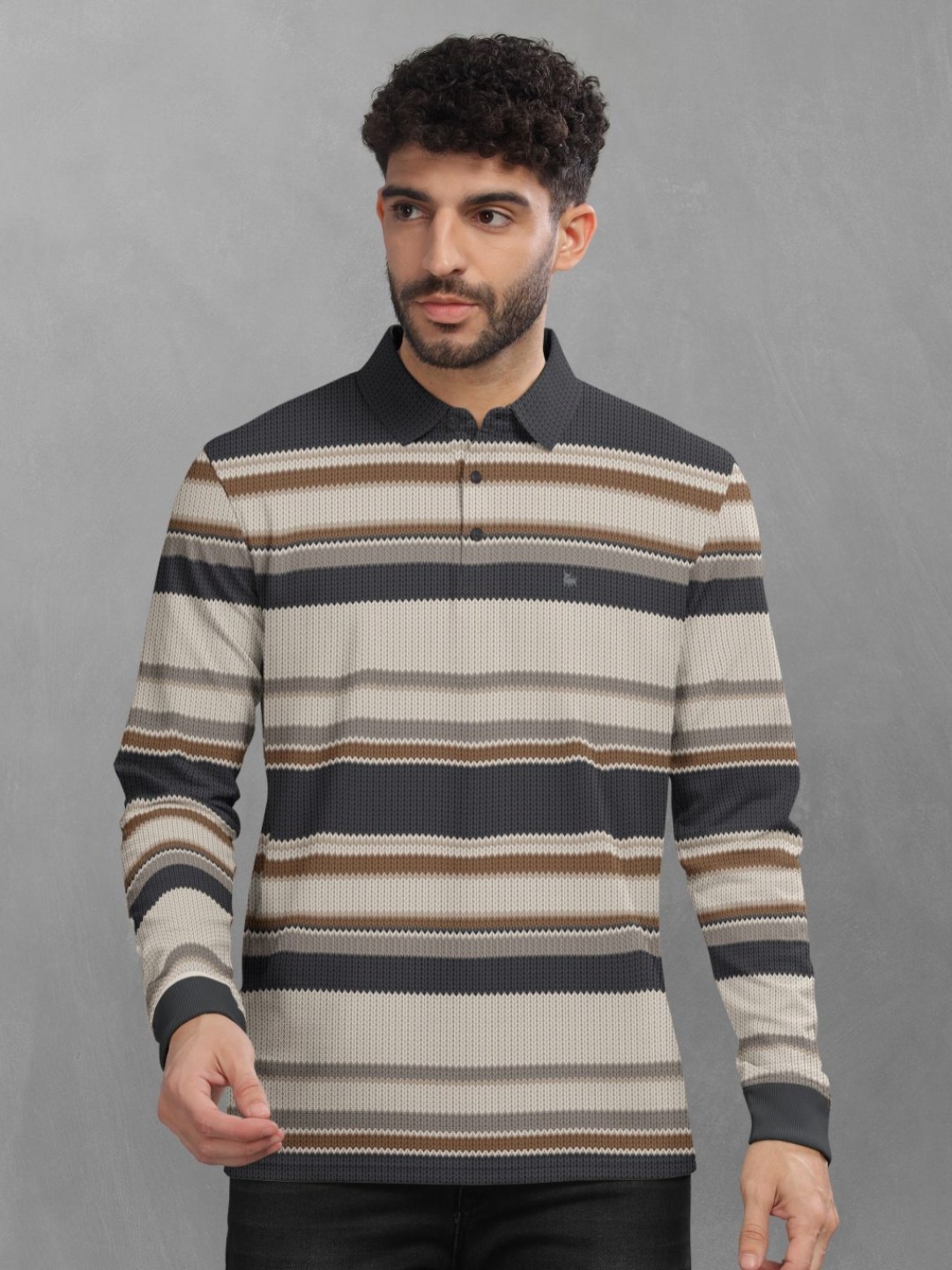 

BULLMER Men Striped Polo Collar Cotton T-shirt, Brown