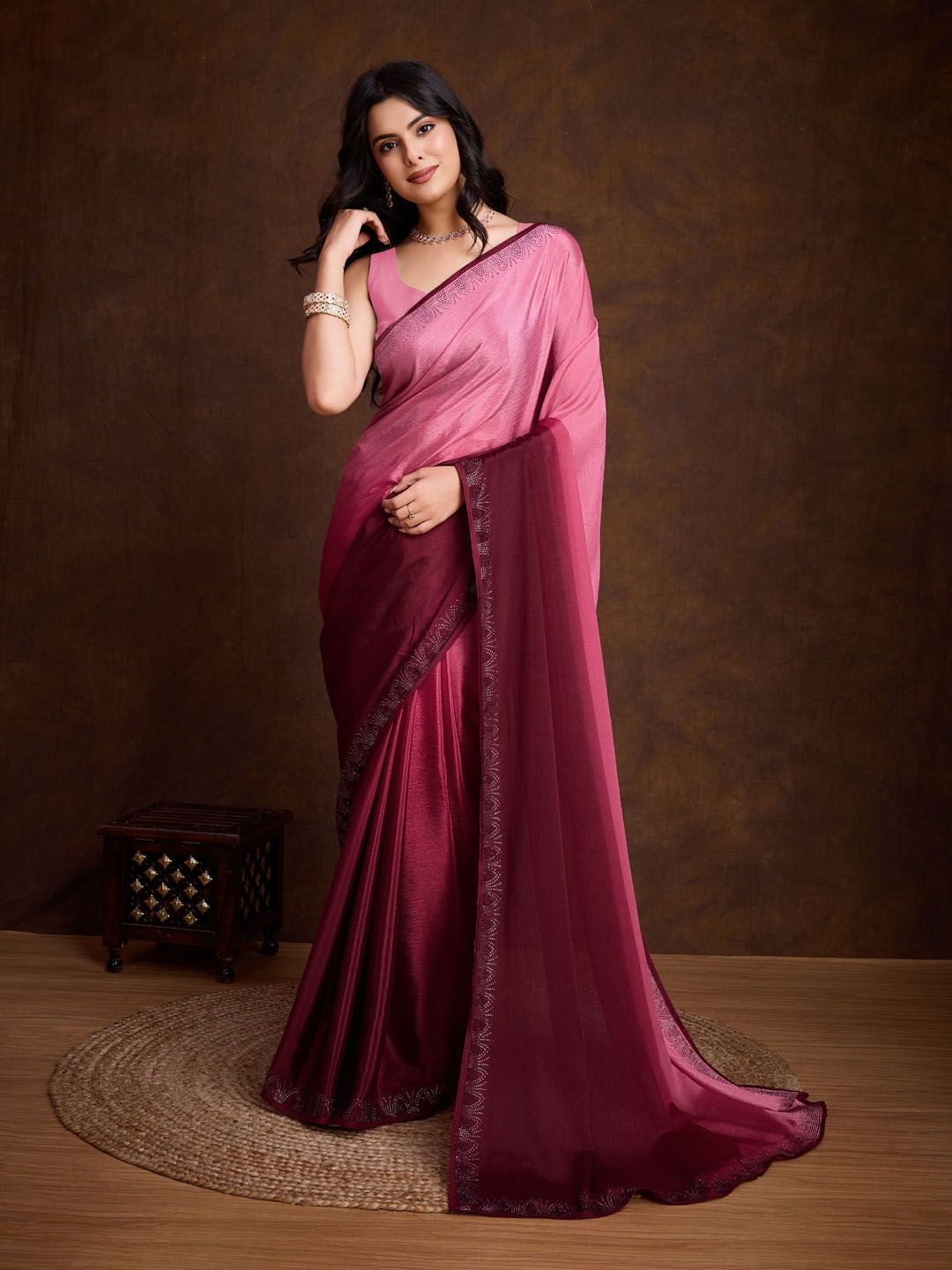 

Meena Bazaar Ombre Beads and Stones Art Silk Saree with Unstitched Blouse, Purple