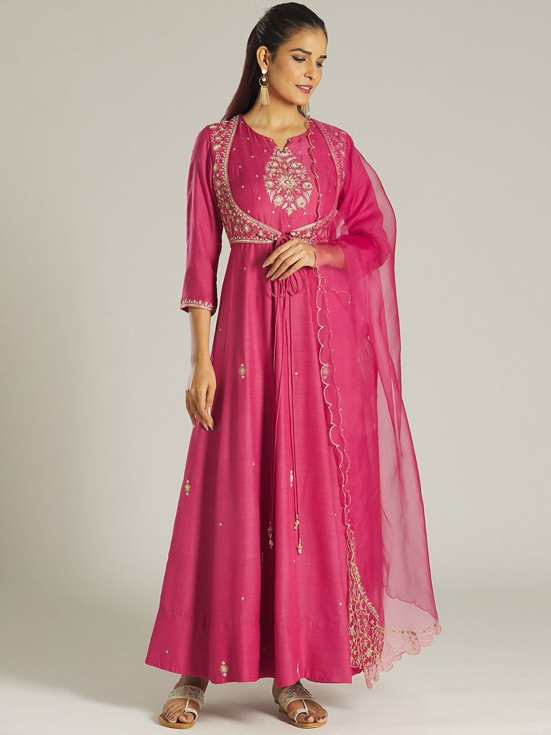 

Samyukta Singhani Zardozi Embroidered Fit and Flare Ethnic Dress With Dupatta, Pink