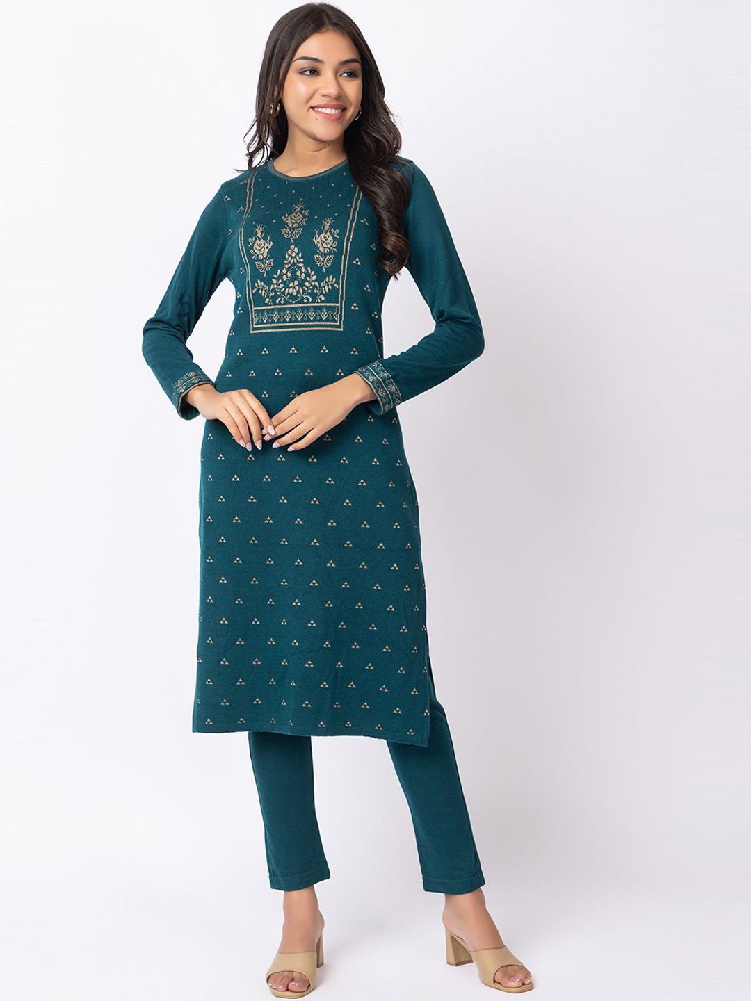 

KEIKO Woven Design Ethnic Motifs Kurta with Trouser, Teal