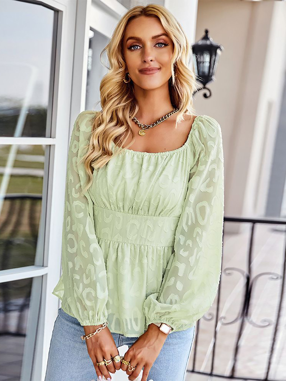 

StyleCast Women Self Design Square Neck Top, Green