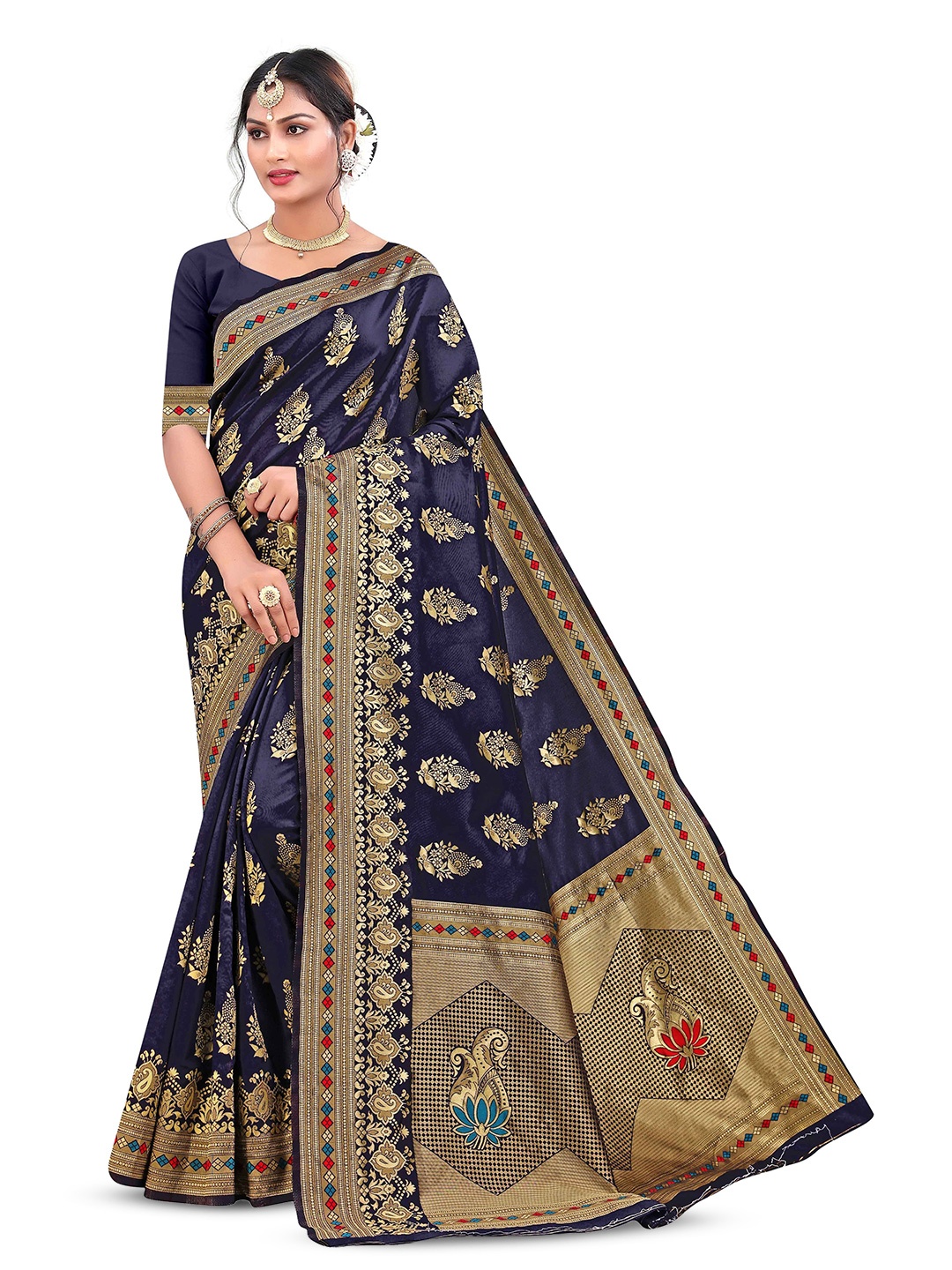 

Maroosh Floral Zari Silk Banarasi Saree, Blue