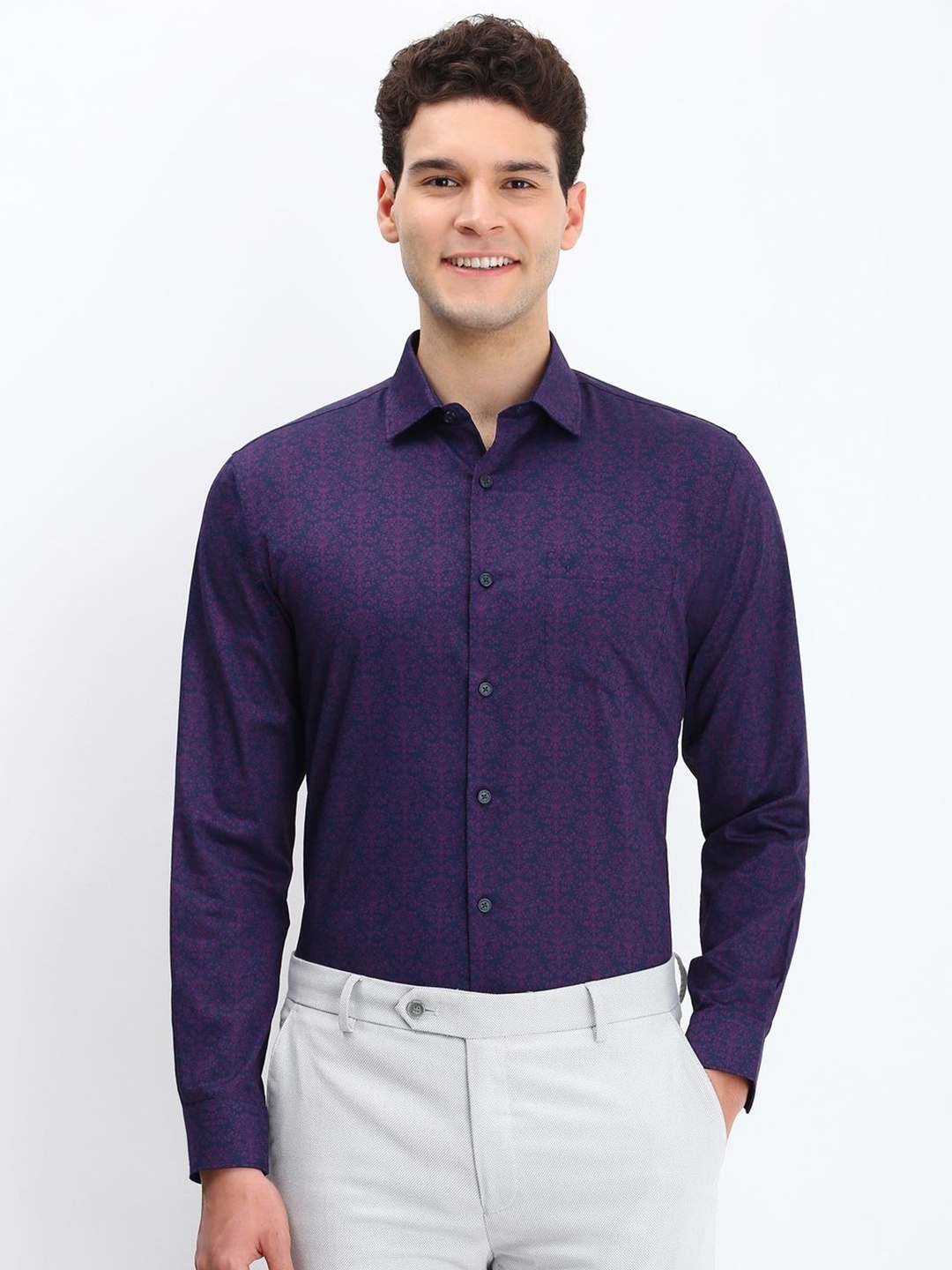 

Allen Solly Men Spread Collar Floral Printed Cotton Slim Fit Formal Shirt, Navy blue