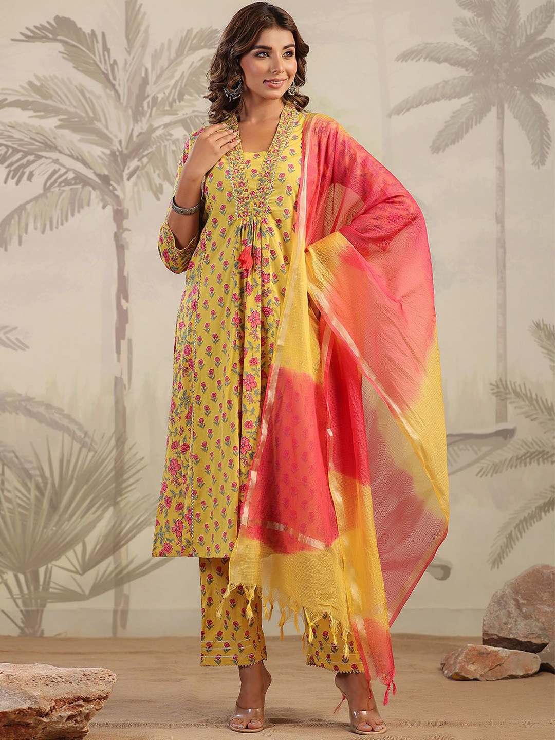 

Meena Bazaar Floral Printed Pleated Gotta Patti Kurta with Trousers & Dupatta, Mustard