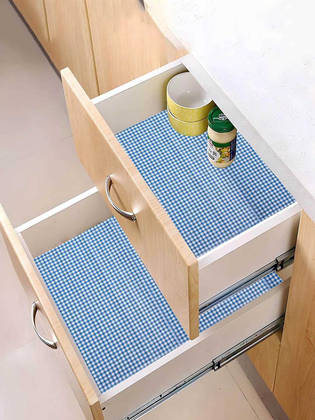 

Kuber Industries White & Blue 3 Pieces Water Resistant Shelf Liner Organisers