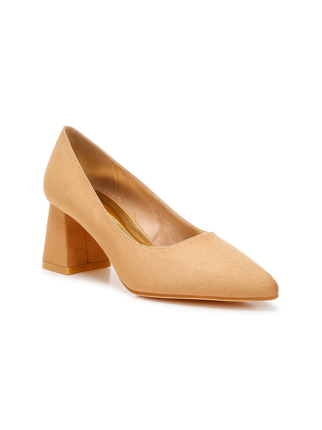 

London Rag Women Textured PU Pointed Toe Block Heel Pumps, Beige