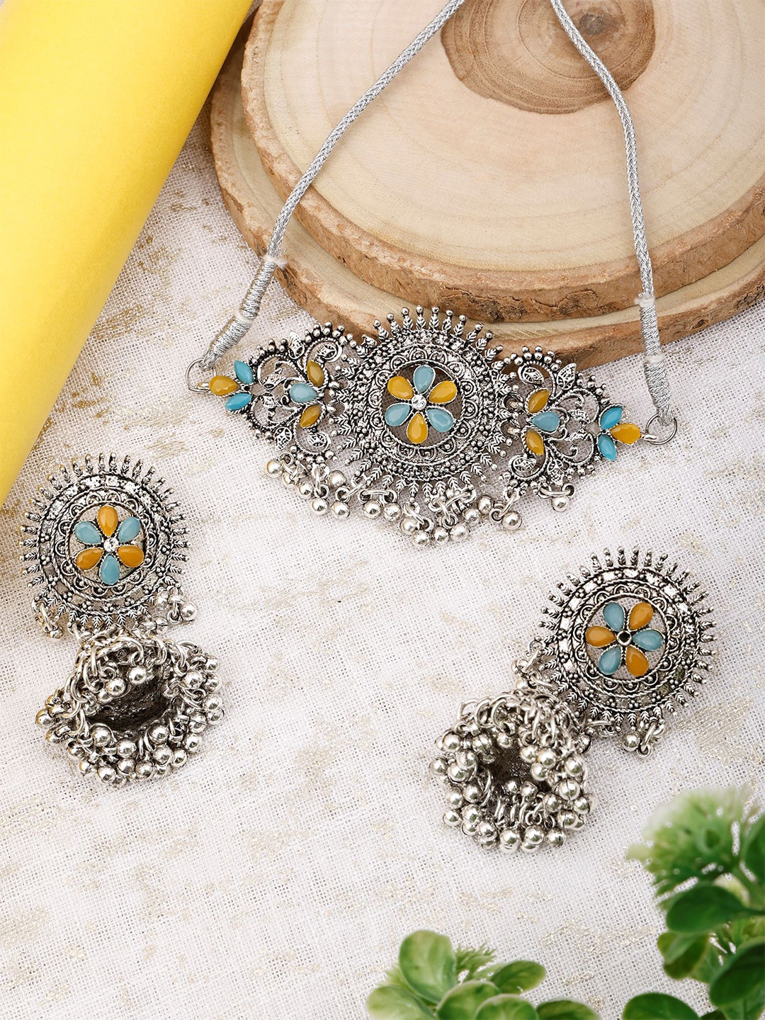 

SUNHARI Stone Studded & Beaded Oxidised Jewellery Set, Silver