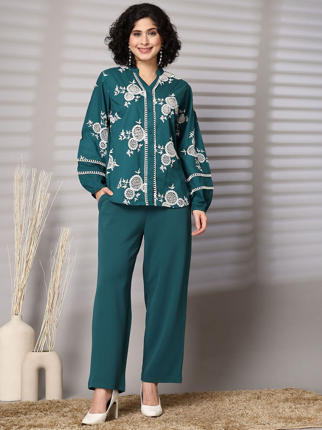 

plusS Women Embroidered Pure Cotton Shirt With Trousers Co-Ords Set, Teal