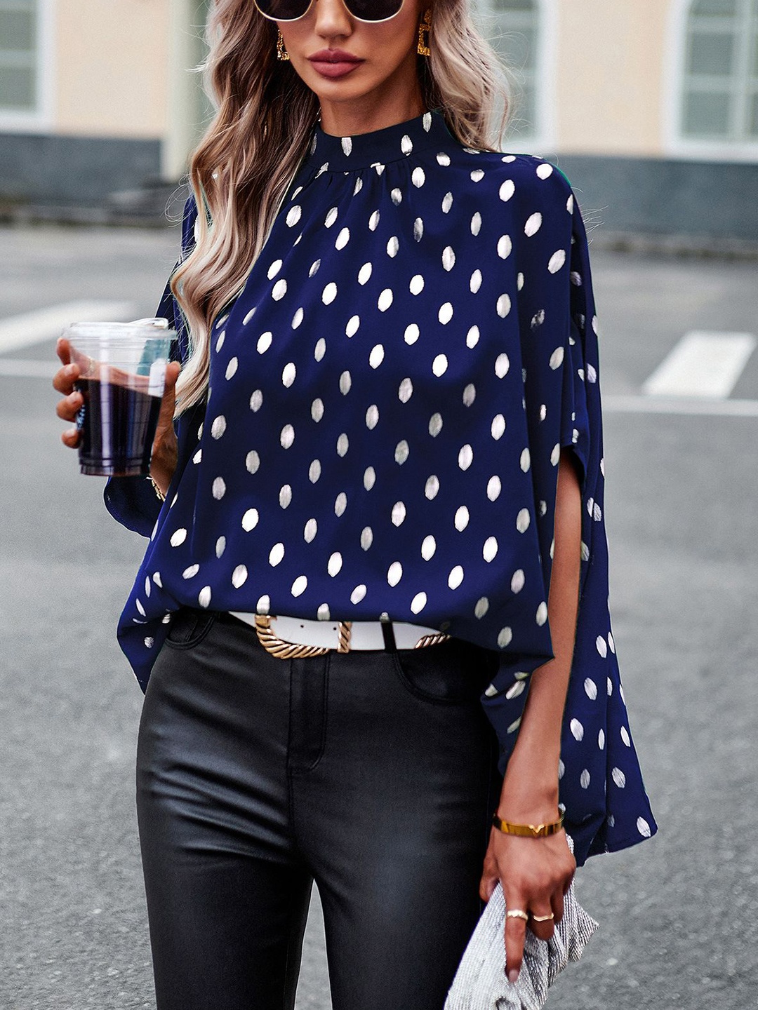 

StyleCast Women Polka Dots Printed High Neck Top, Blue