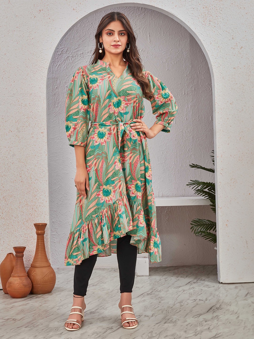 

TWINS LADY Women Floral Printed A-Line Dress, Green